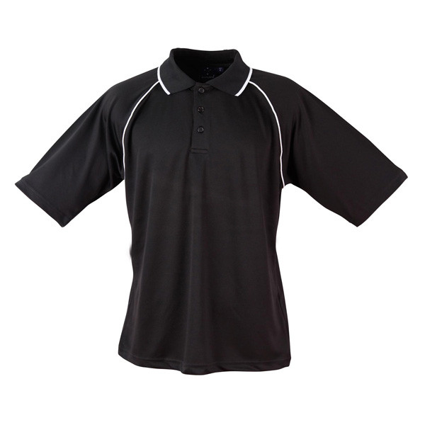 Black CoolDry polo shirt with white contrast piping on raglan sleeves and collar trim