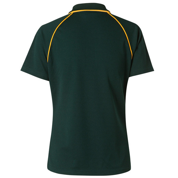 Back view of bottle green raglan polo shirt with gold contrast piping along shoulders and collar
