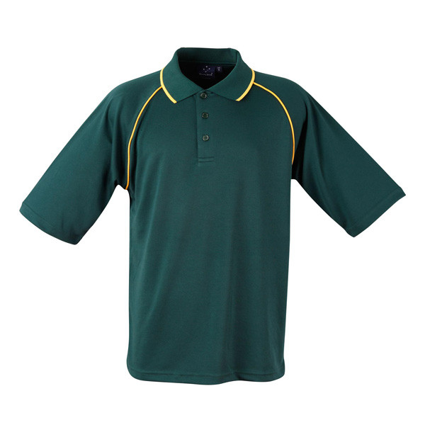 Bottle green men's raglan polo with gold contrast piping on collar and sleeve seams, three-button placket, packshot
