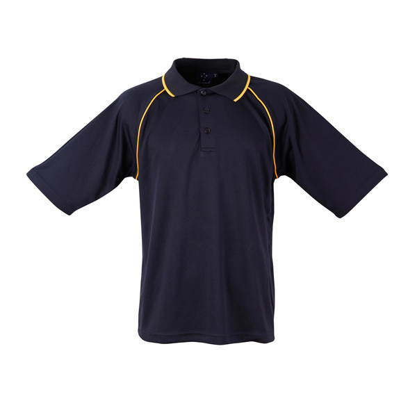 Navy+Gold Arlo Men's Cooldry Contrast Piping Raglan Polo Shirt, a moisture-wicking and quick-drying athletic top ideal for team uniforms, sports, or corporate wear.