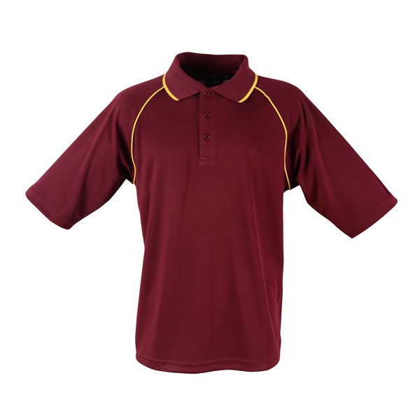 Maroon+Gold Arlo Men's Cooldry Contrast Piping Raglan Polo Shirt, a moisture-wicking and quick-drying athletic top ideal for team uniforms, sports, or corporate wear.