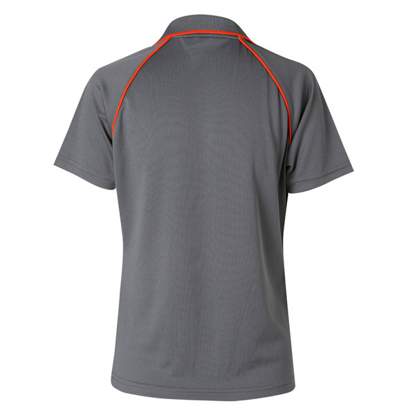 Back view of charcoal raglan polo shirt with orange contrast piping along shoulders and collar