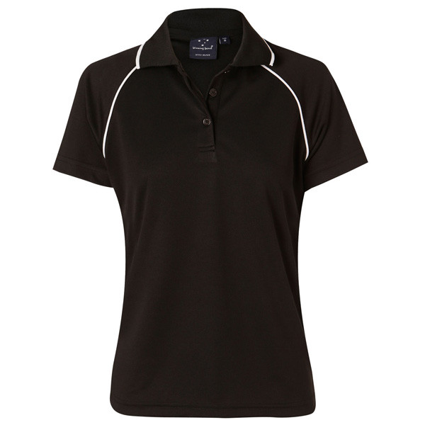 Black women's polo shirt with white contrast piping along raglan sleeves and collar