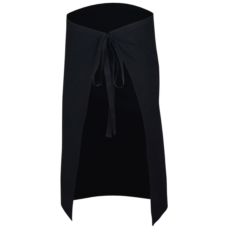 Black long waist apron with tie fastening and split front panels for easy movement