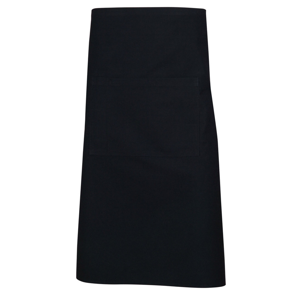 Black long waist apron with wide waistband and A-line silhouette