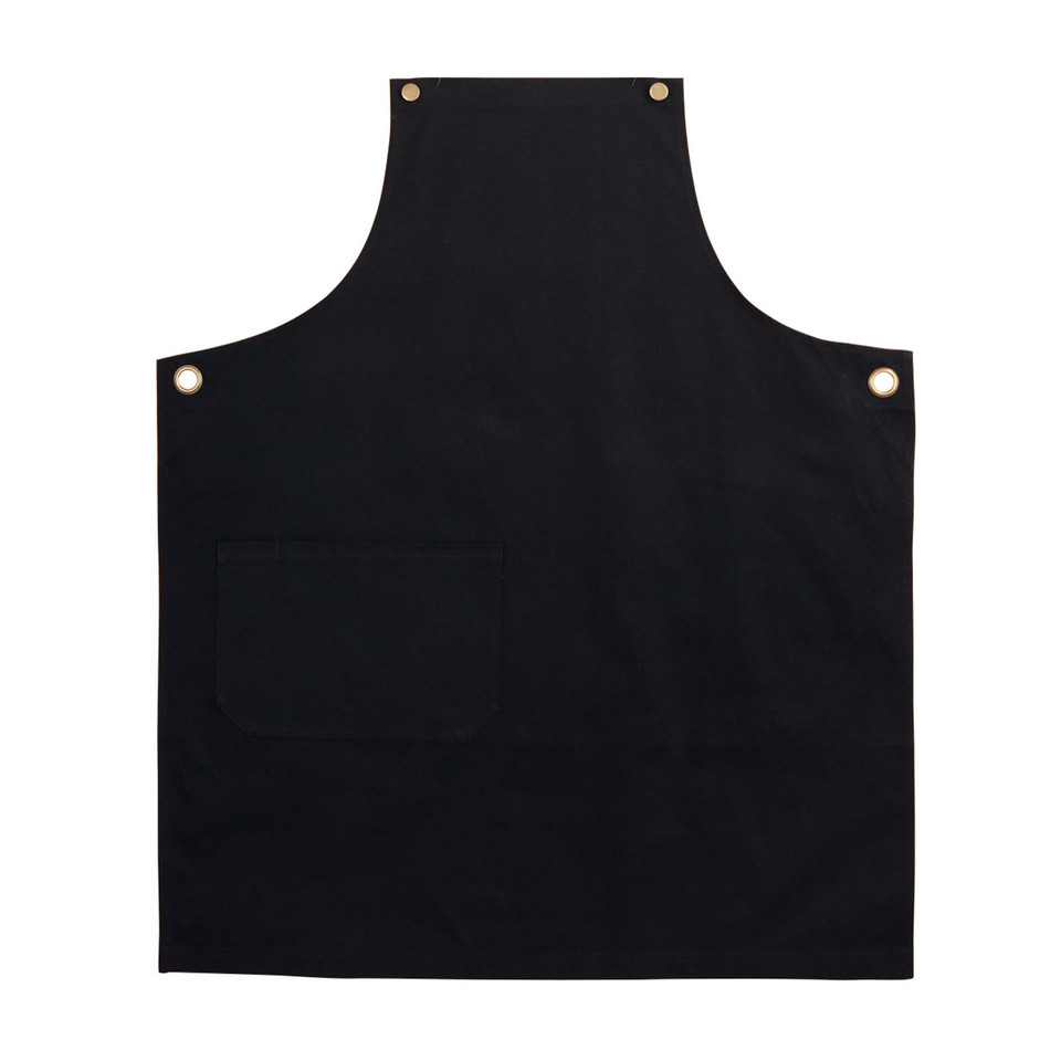 Black cotton canvas bib apron with brass rivets at neck and waist ties
