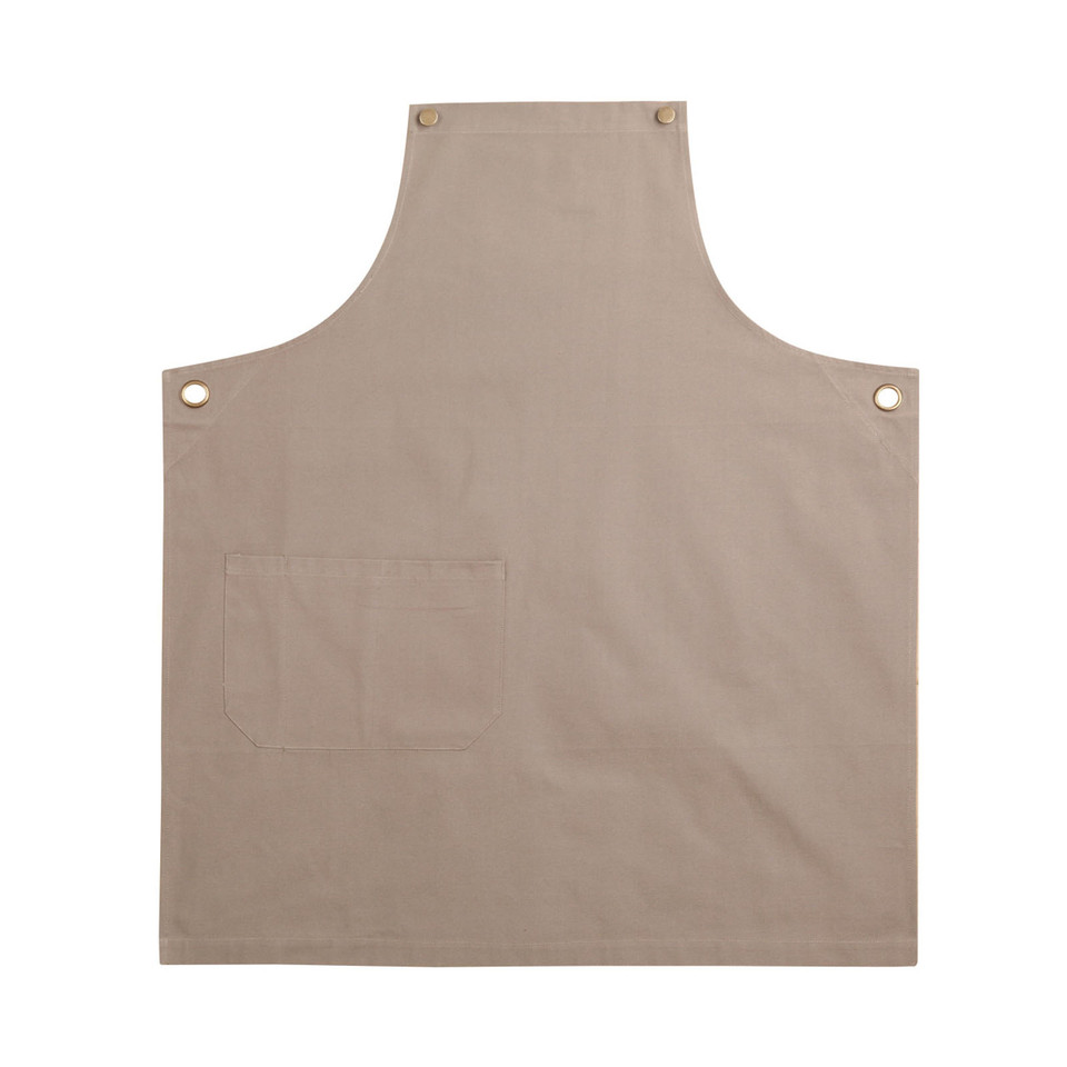 Stone beige canvas bib apron with adjustable neck straps, metal rivets, and front chest pocket