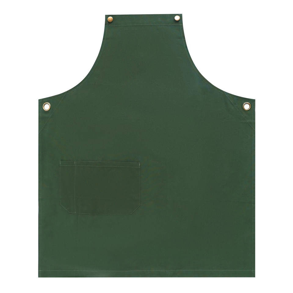 Myrtle green cotton canvas bib apron with metal eyelets and front pocket flat lay on white background