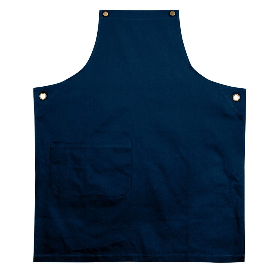 Navy blue cotton canvas bib apron with metal rivets at stress points and adjustable neck strap