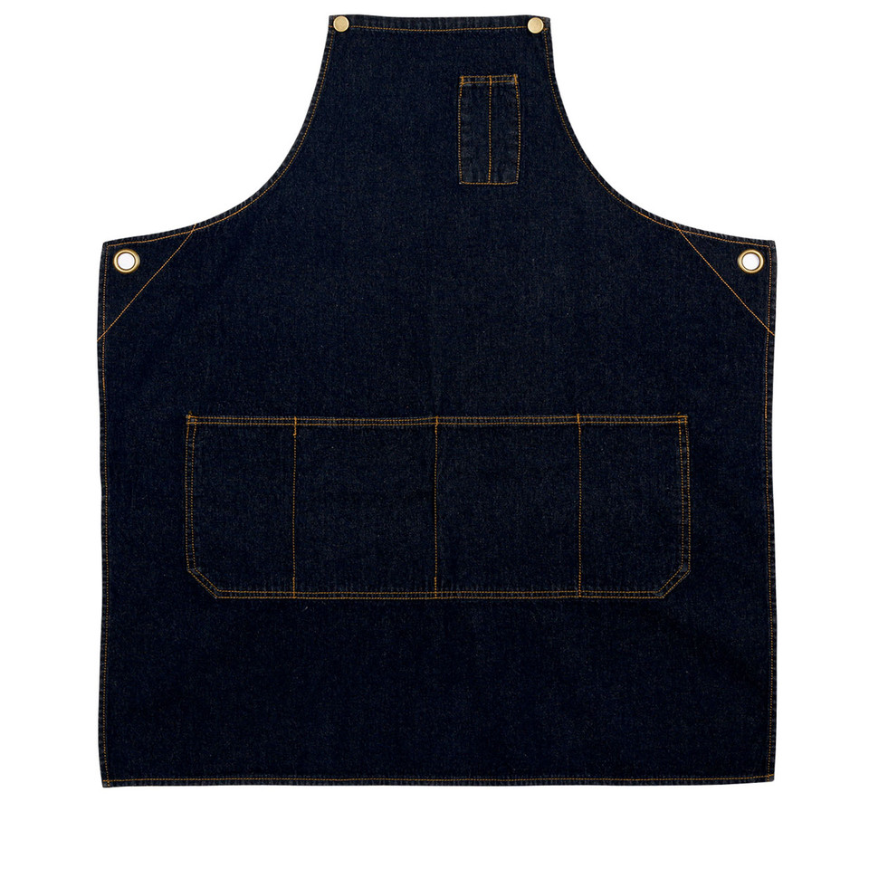 Dark indigo cotton denim bib apron with gold stitching, brass eyelets, and four-section front pocket panel