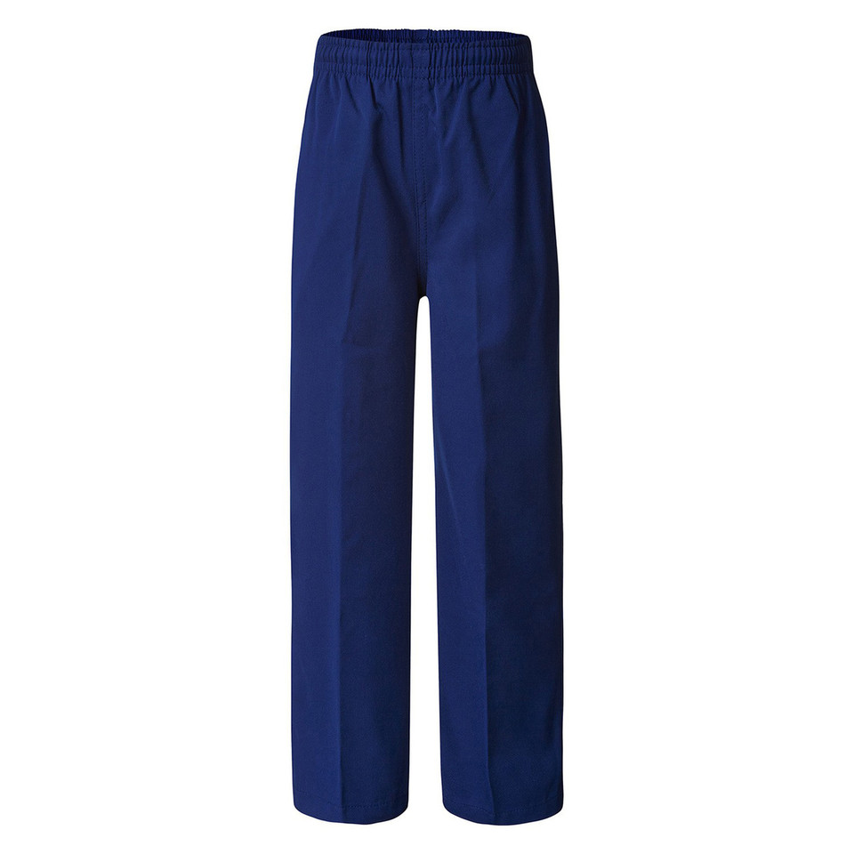 Navy gaberdine school pants with elasticated waistband and centre front crease