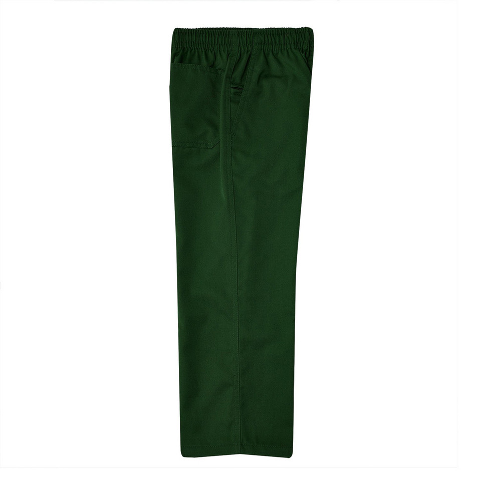 Bottle green gaberdine school pants with elastic waistband and side pockets