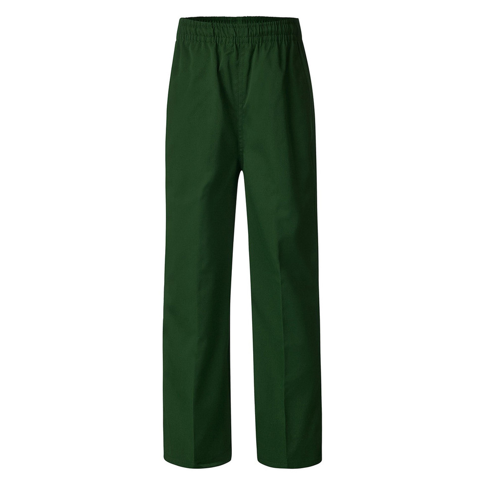 Forest green gaberdine long pants with elastic waistband and straight leg cut