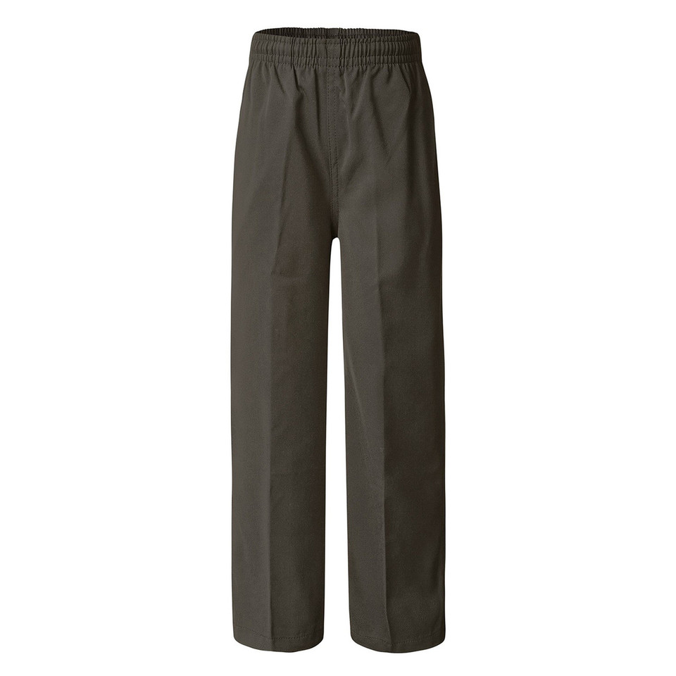 Olive boys school pants with elasticated waist, straight leg and front crease, flat lay packshot