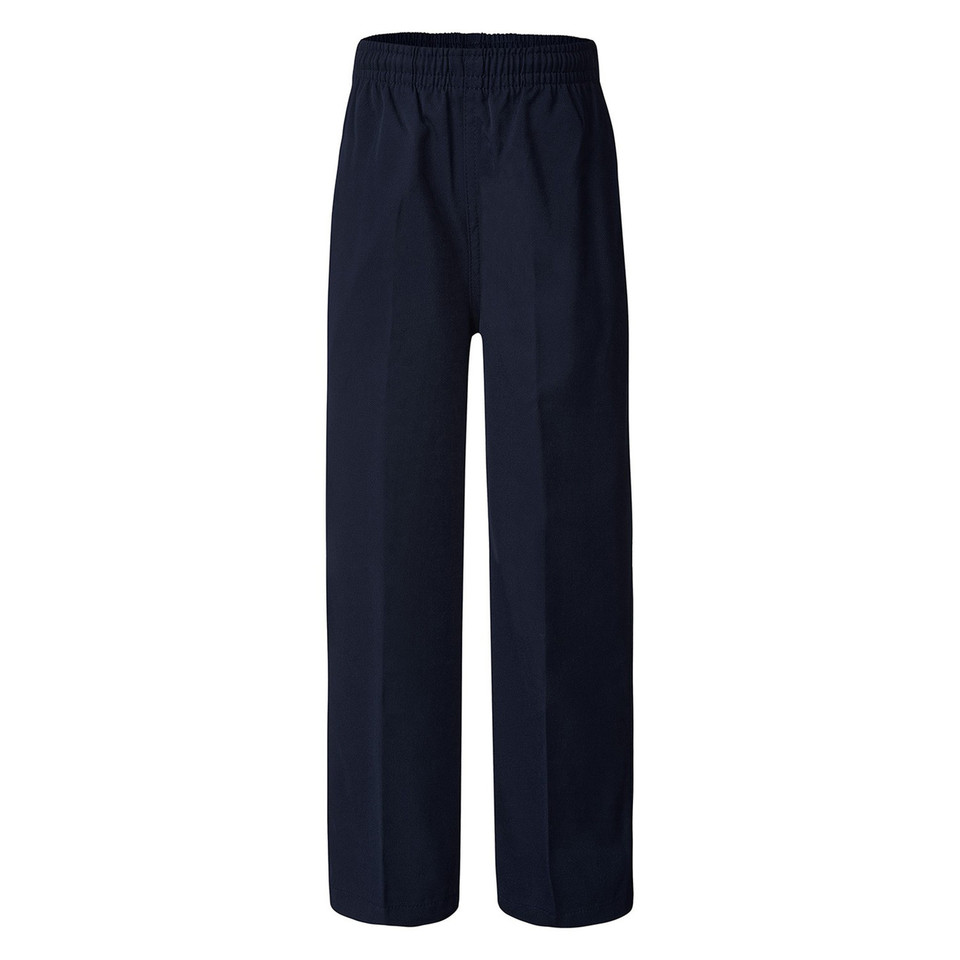 Navy gaberdine school pants with elastic waistband and straight leg cut
