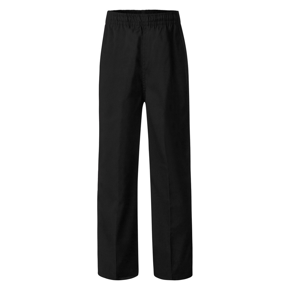 Black gaberdine boys' school pants with elasticated waistband and straight leg design