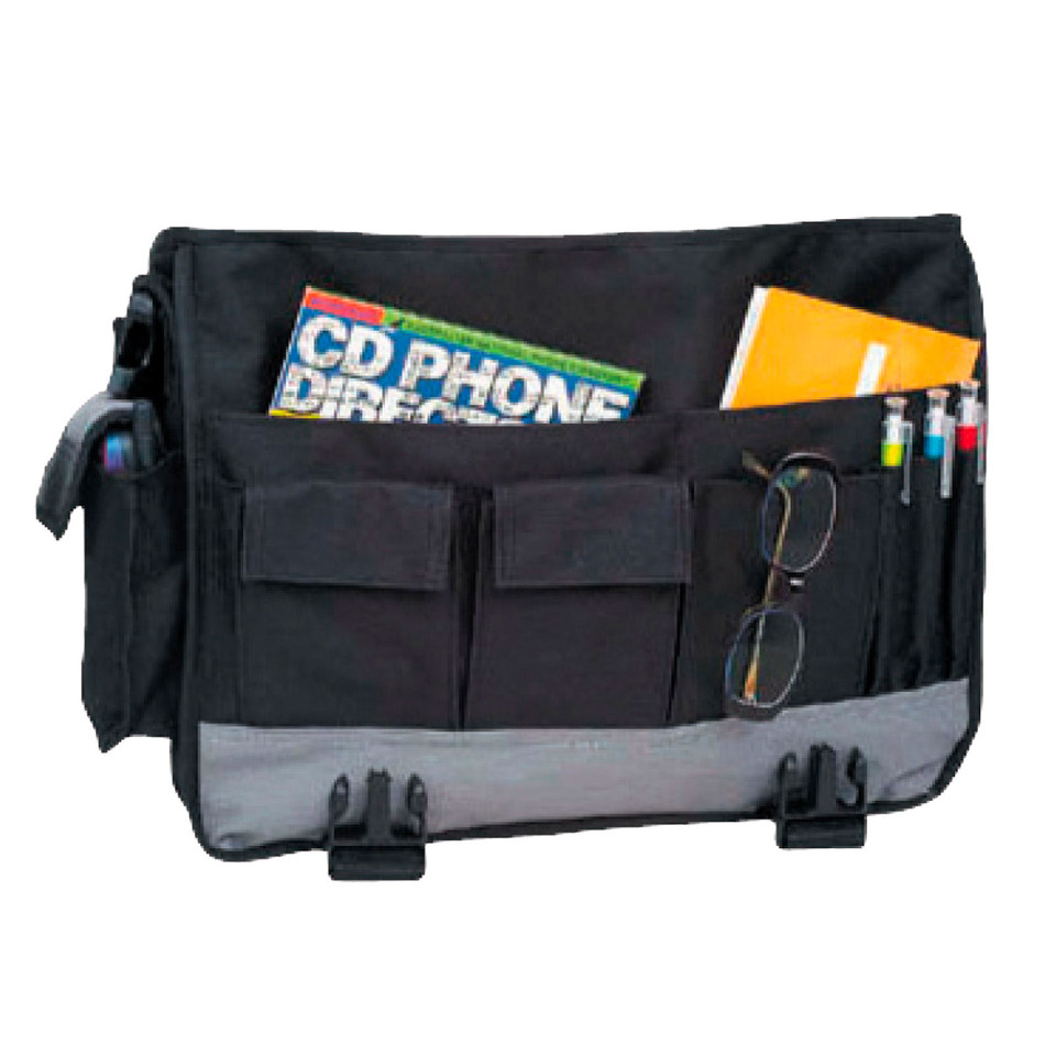 Black and charcoal grey messenger satchel with multiple front pockets and flap closure holding stationery and documents