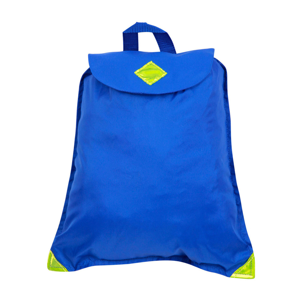 Royal blue nylon drawstring backpack with yellow diamond accent on flap and contrast yellow corner panels