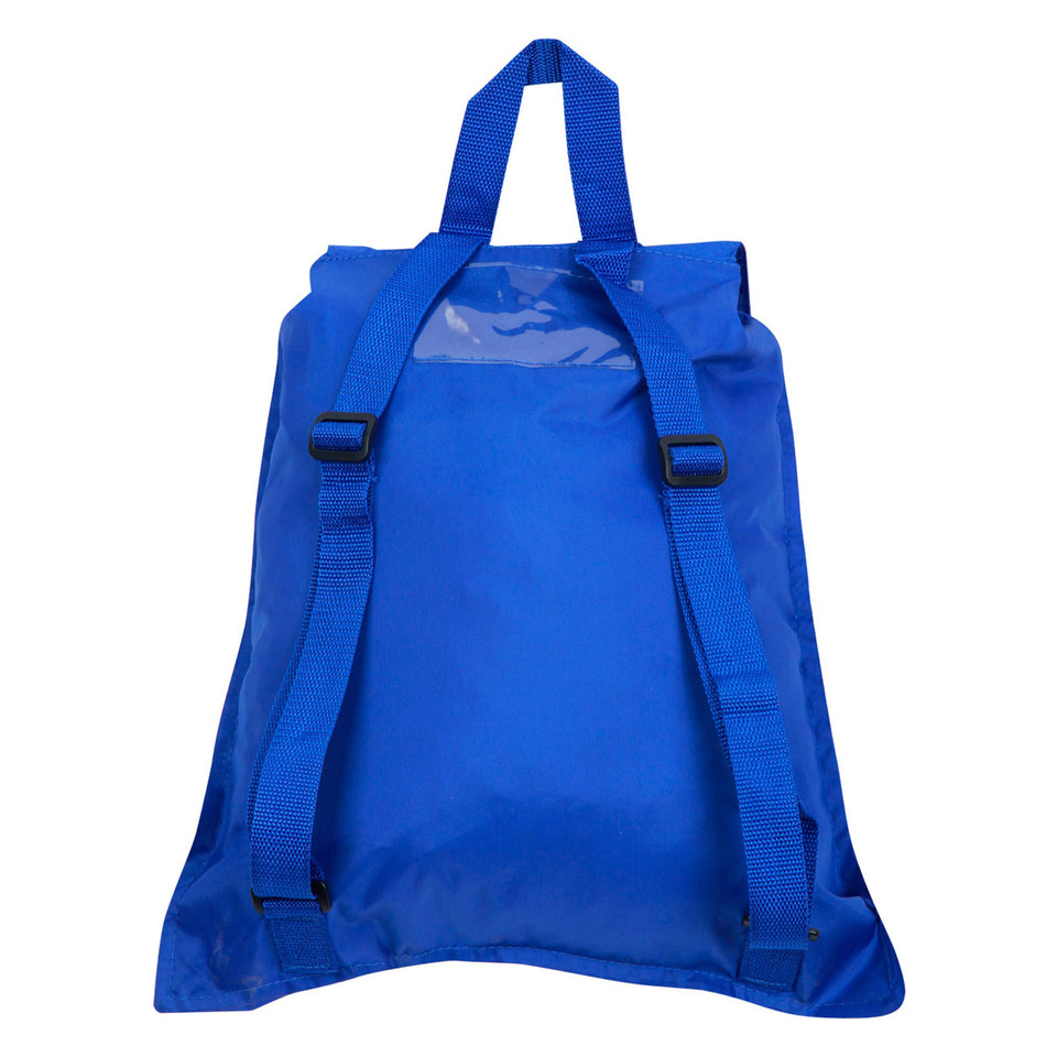 Royal blue nylon backpack with adjustable shoulder straps and top grab handles shown from rear view