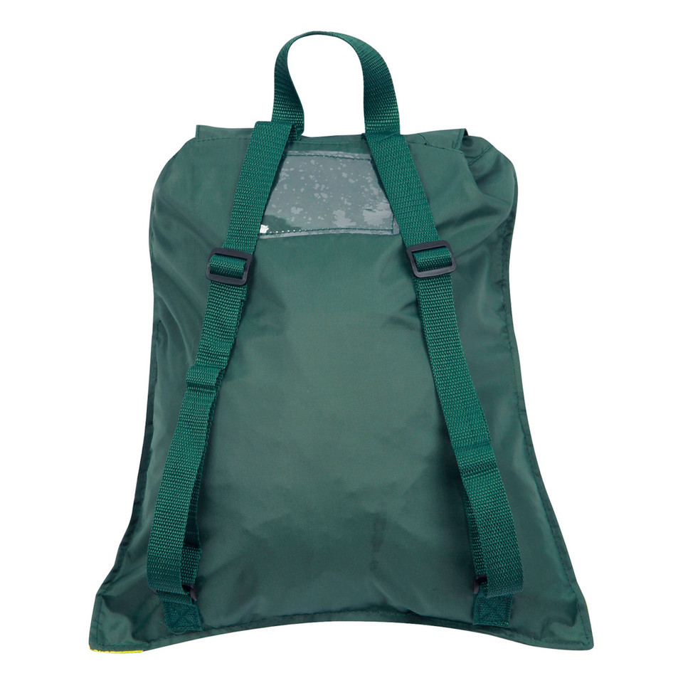 Forest green nylon backpack with adjustable webbing straps and clear ID window panel