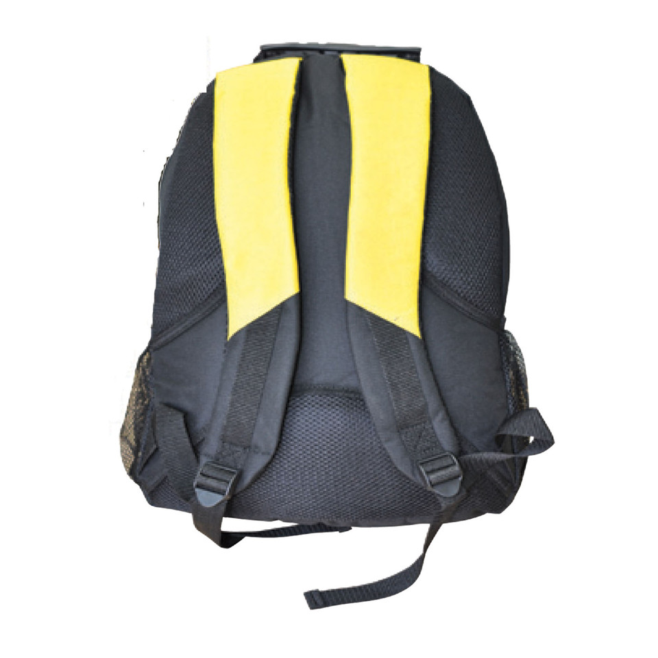 Charcoal backpack with bright yellow contrast panels and padded shoulder straps on white background