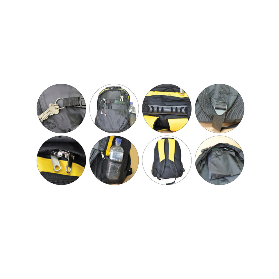 Charcoal grey backpack with yellow contrast straps and padded back panel showing multiple detailed views