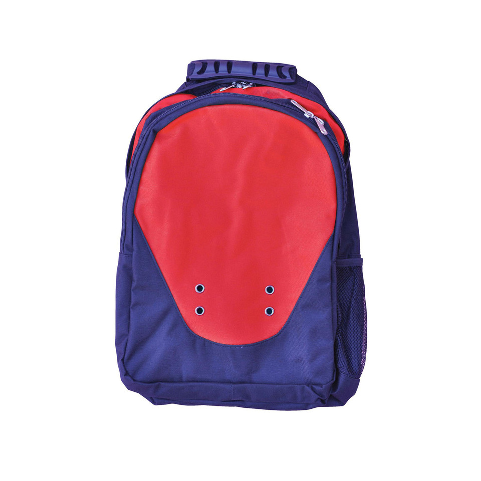 Purple backpack with coral red contrast front panel and padded straps