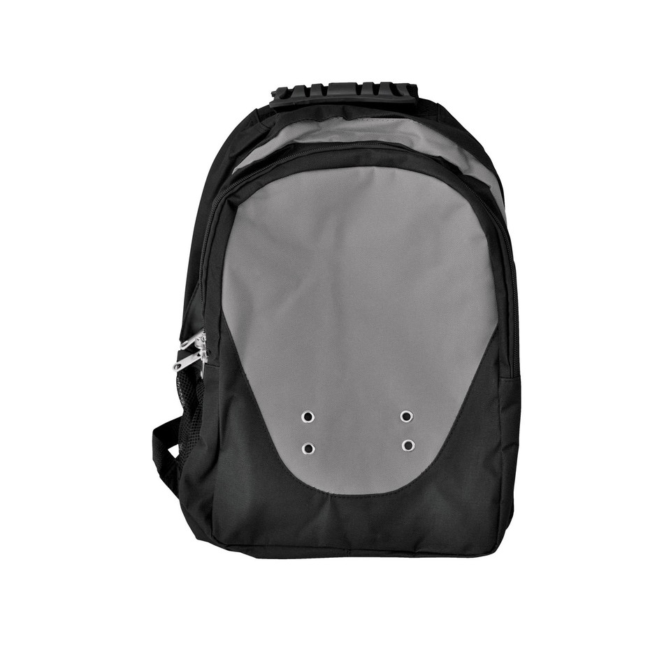 Black backpack with grey contrast panel and padded shoulder straps
