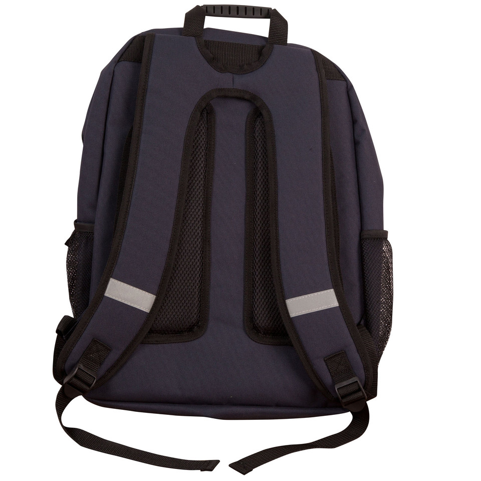 Navy and black backpack rear view showing padded straps with reflective strips, mesh side pocket, and carry handle