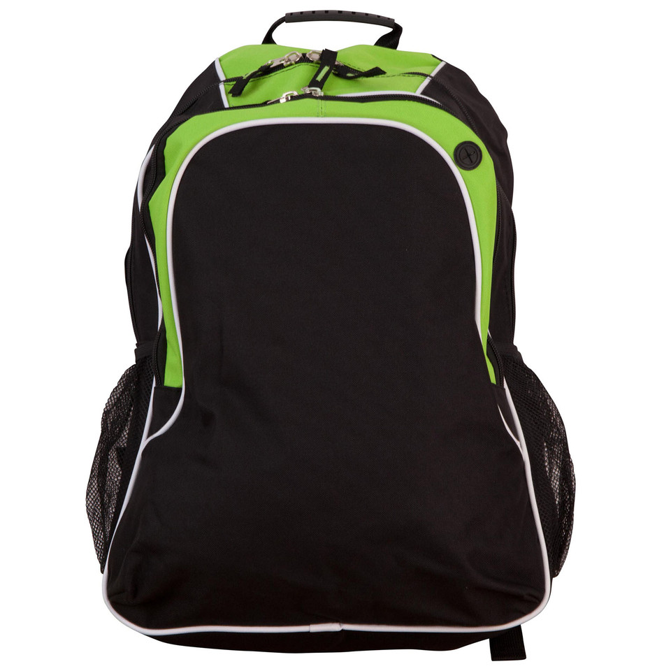Black backpack with lime green contrast trim and dual front zippered compartments with mesh side pockets