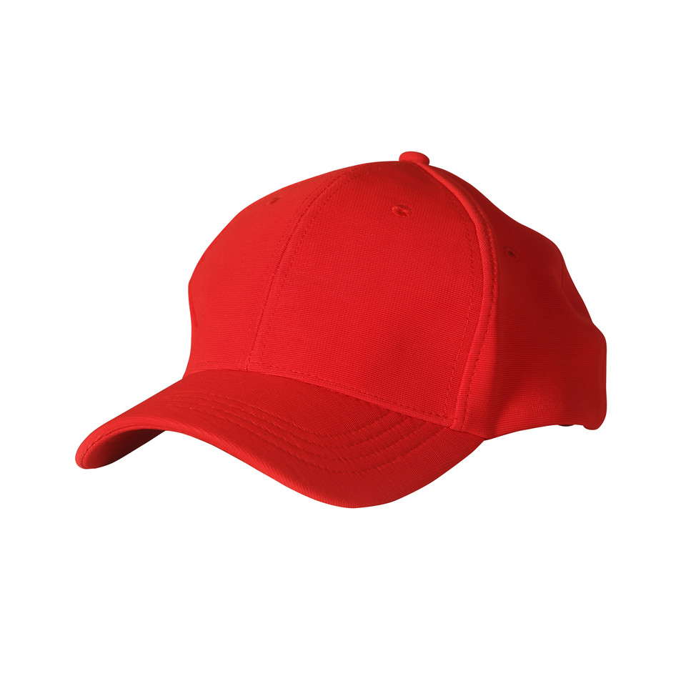 Bright red baseball cap with curved brim and structured six-panel crown in pique mesh fabric