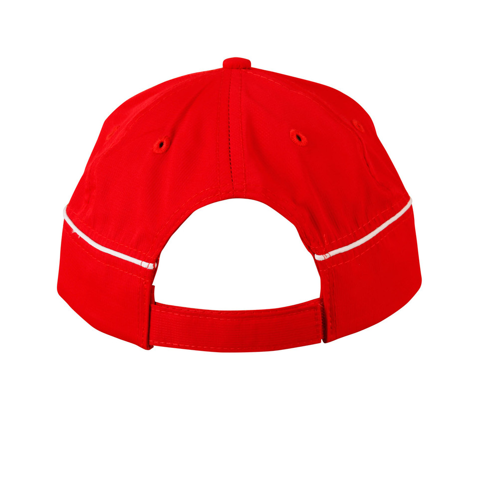 Back view of red ripstop cap with white contrast piping and adjustable strap closure