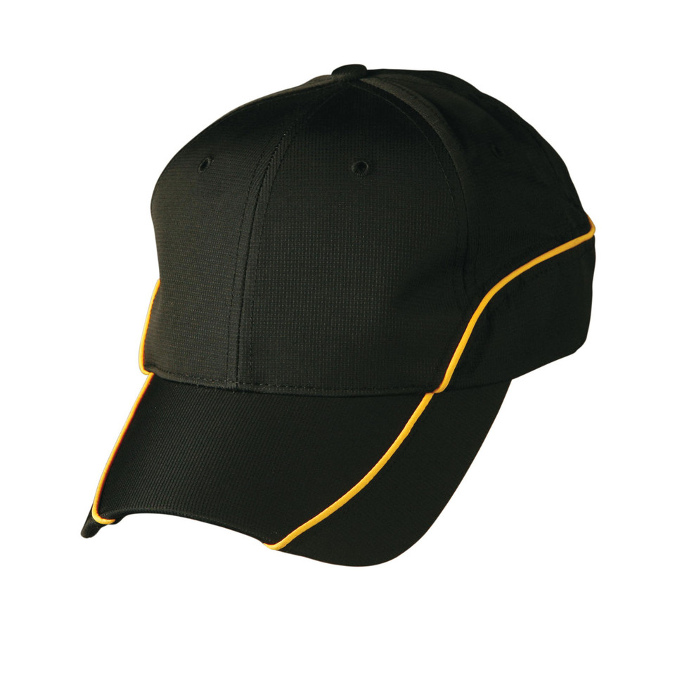 Black ripstop cap with gold contrast piping detail along panels and peak