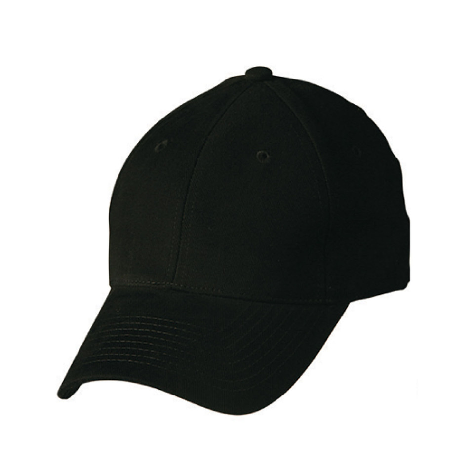 Black heavy brushed cotton cap with curved peak and six-panel construction