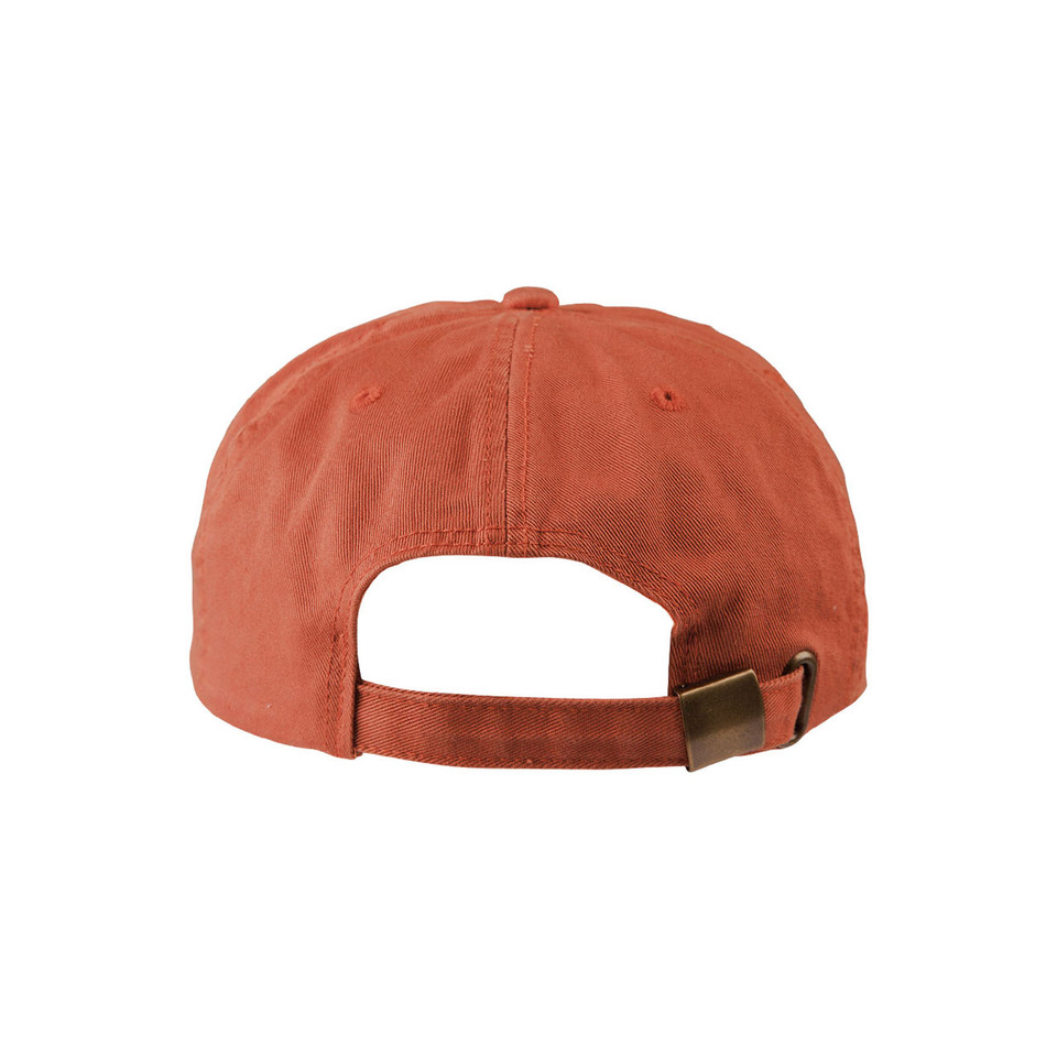 Rear view of a washed terracotta cotton polo cap with brass slider buckle strap