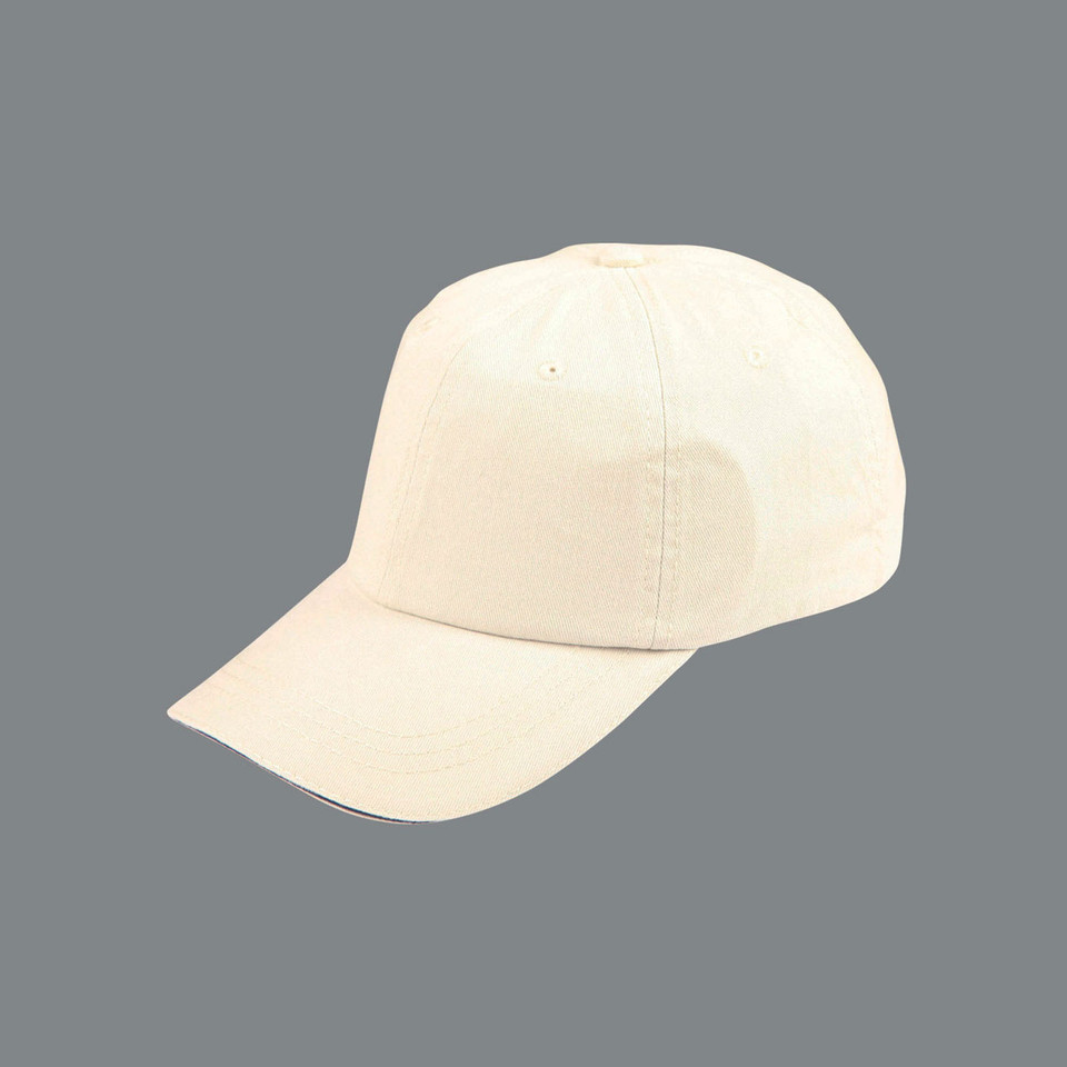Washed natural cotton polo cap with six-panel construction and curved brim
