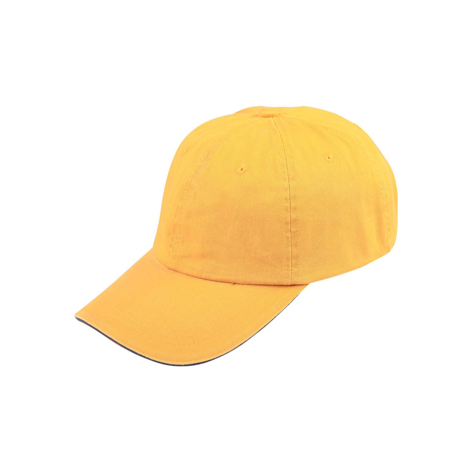 Golden yellow washed cotton cap with navy sandwich trim on curved peak
