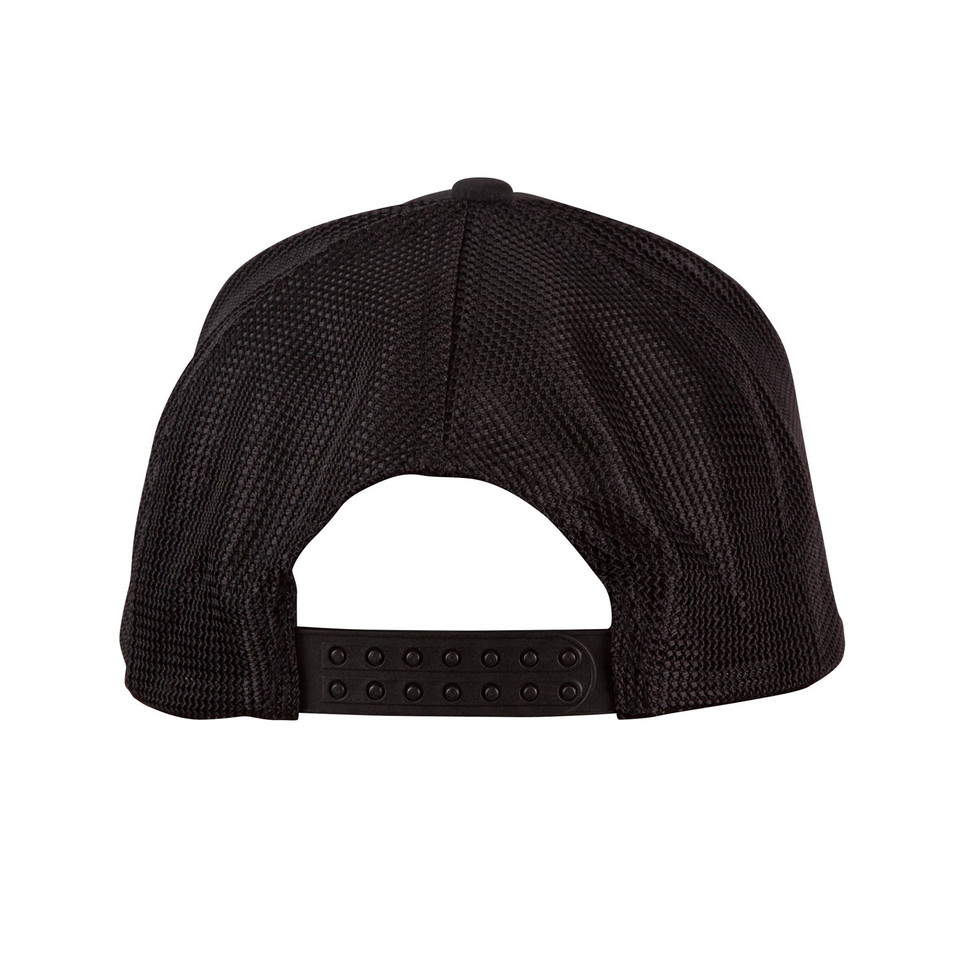 Black trucker cap rear view showing full mesh back panels and black snapback closure