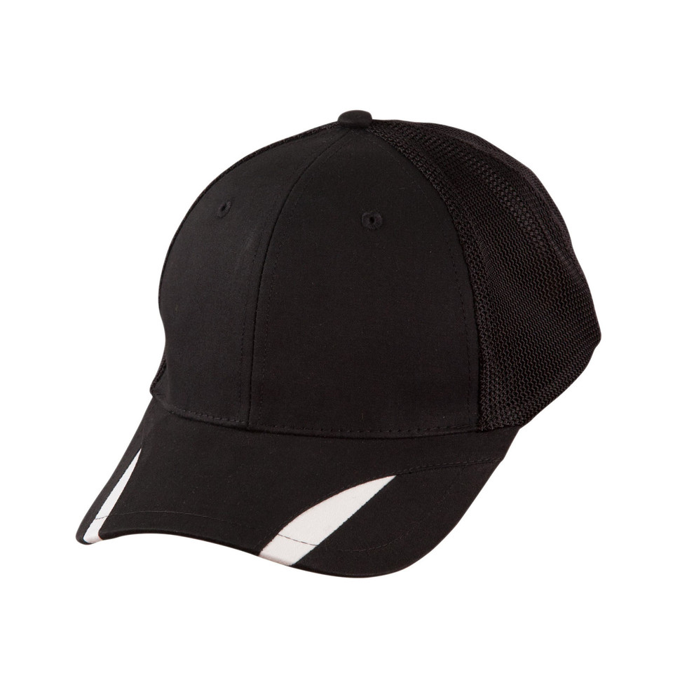 Black trucker cap with mesh back panels and white contrast trim on peak