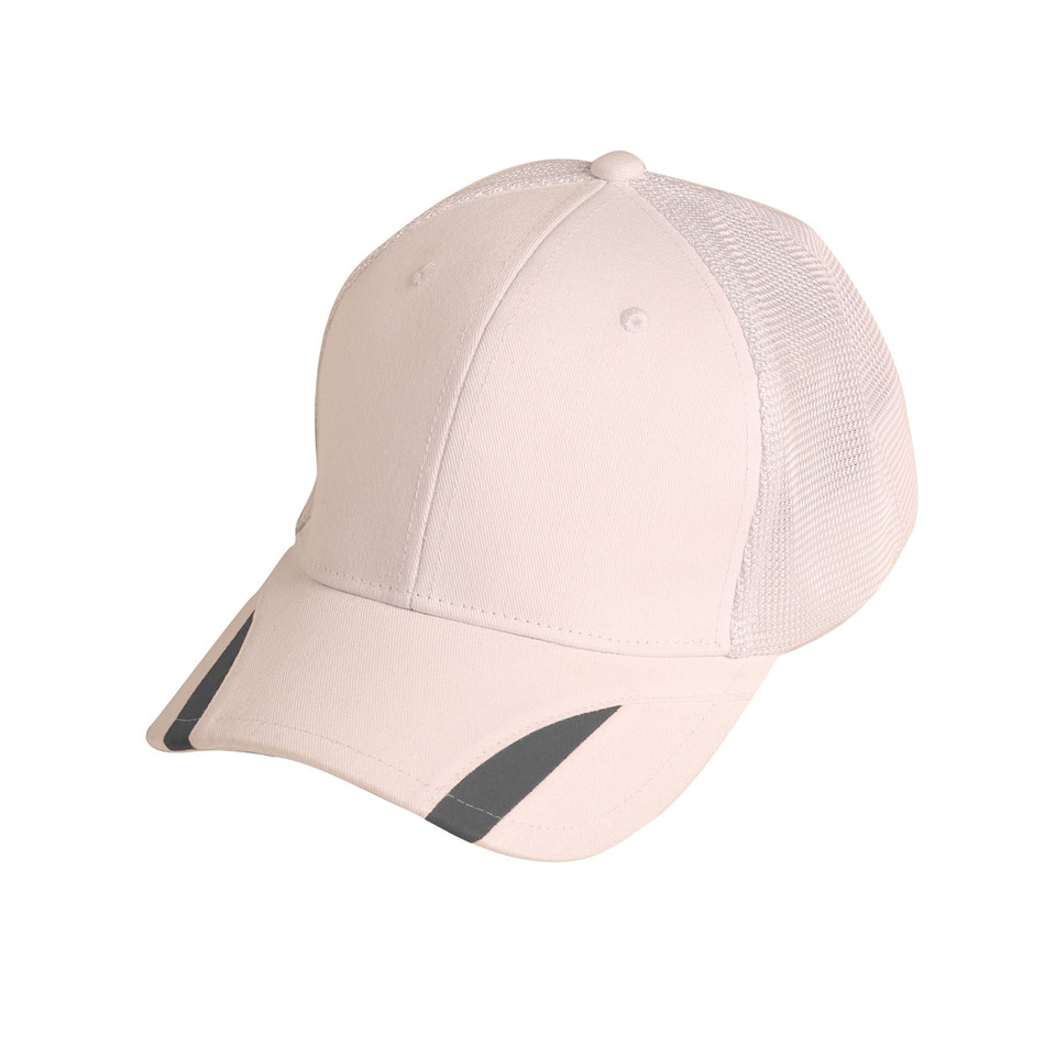 Pale pink trucker cap with mesh back panels and charcoal grey contrast trim on peak