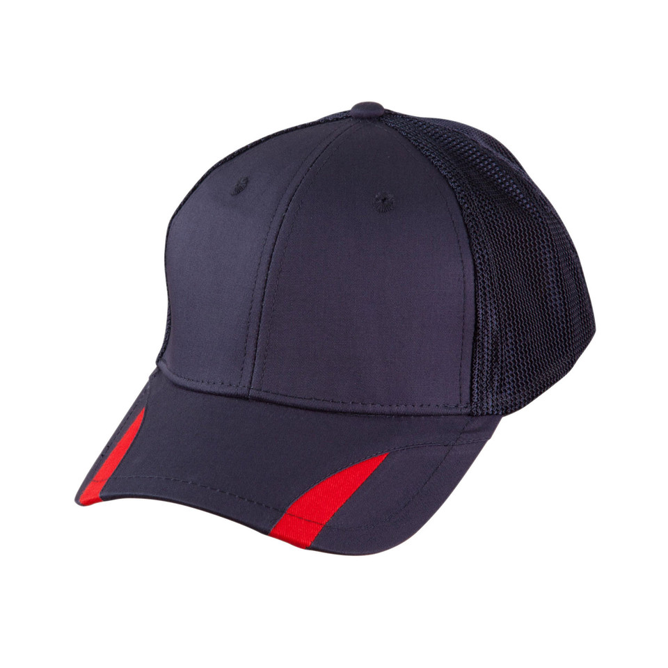 Navy trucker cap with mesh back panels and red contrast trim on peak