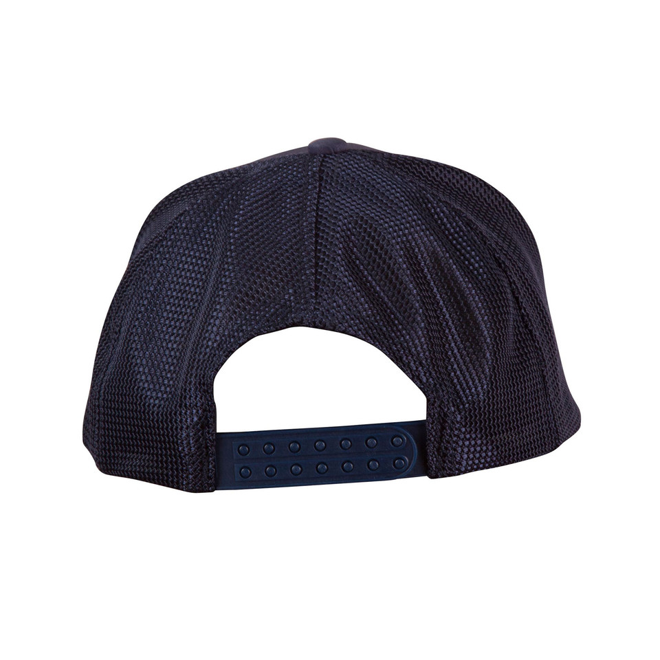 Navy trucker cap rear view showing open mesh panels and navy snapback closure with embossed dots