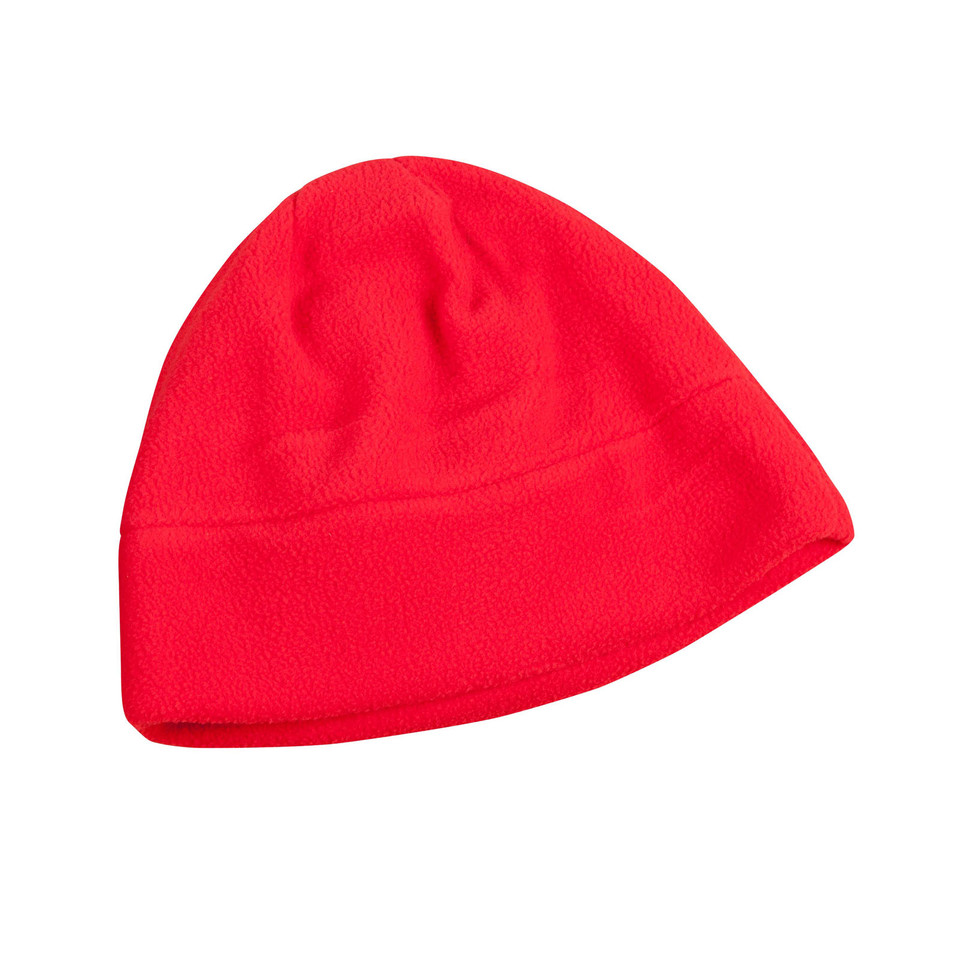 Bright red polar fleece beanie with cuffed hem shown on white background