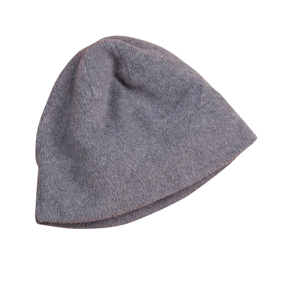 Grey polar fleece beanie with soft textured finish and turned-up cuff