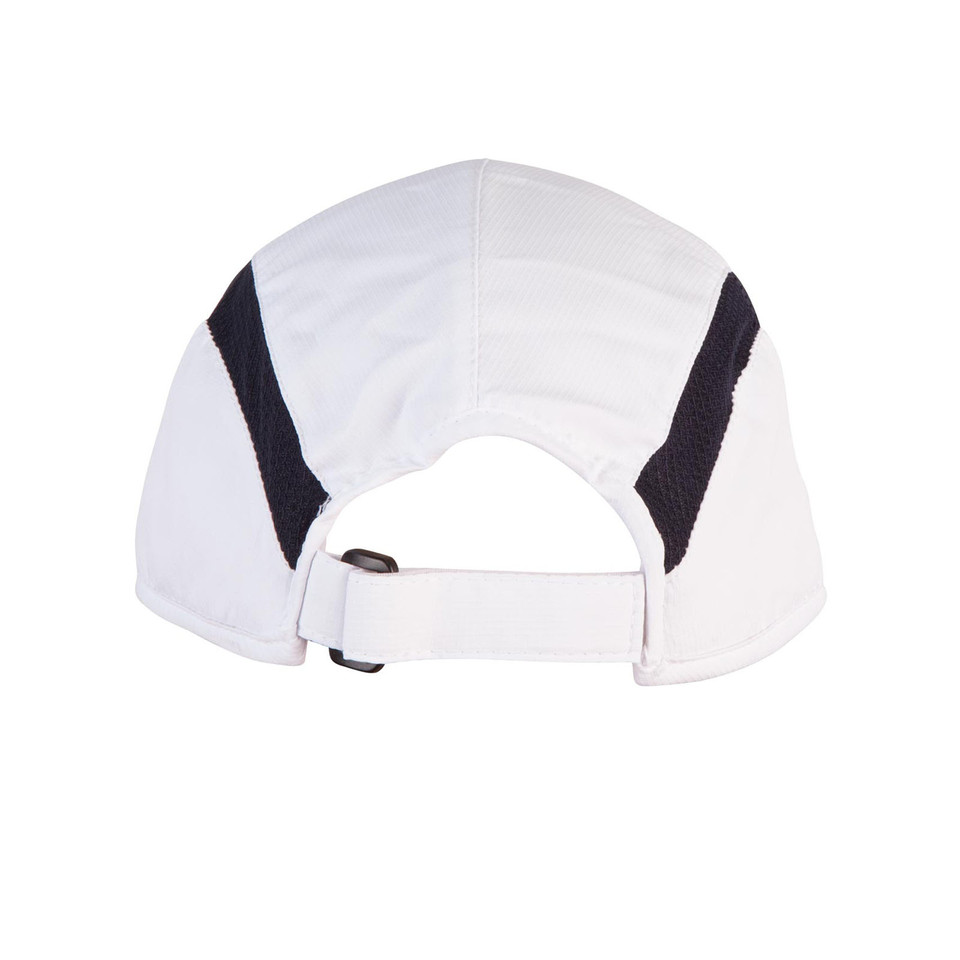 White polyester ripstop five panel cap with black contrast side panels and adjustable back strap