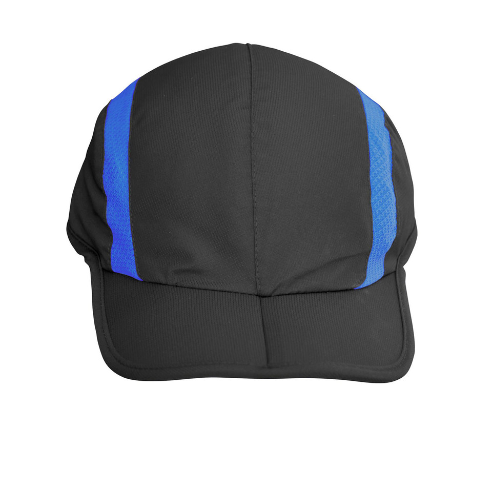 Charcoal polyester rip stop cap with royal blue mesh side panels and curved brim