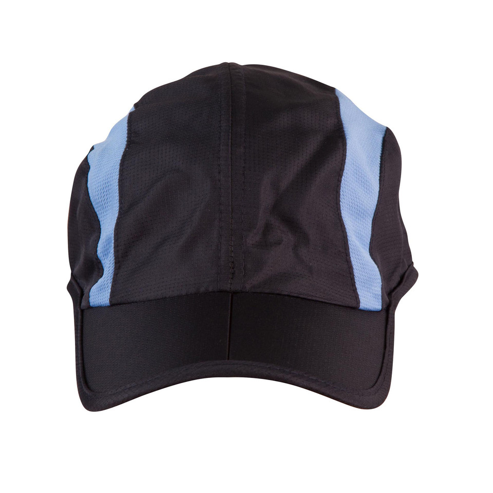 Black polyester ripstop cap with sky blue mesh side panels and foldable peak