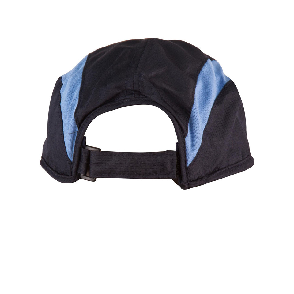 Navy and sky blue polyester cap with contrast side panels and adjustable back strap
