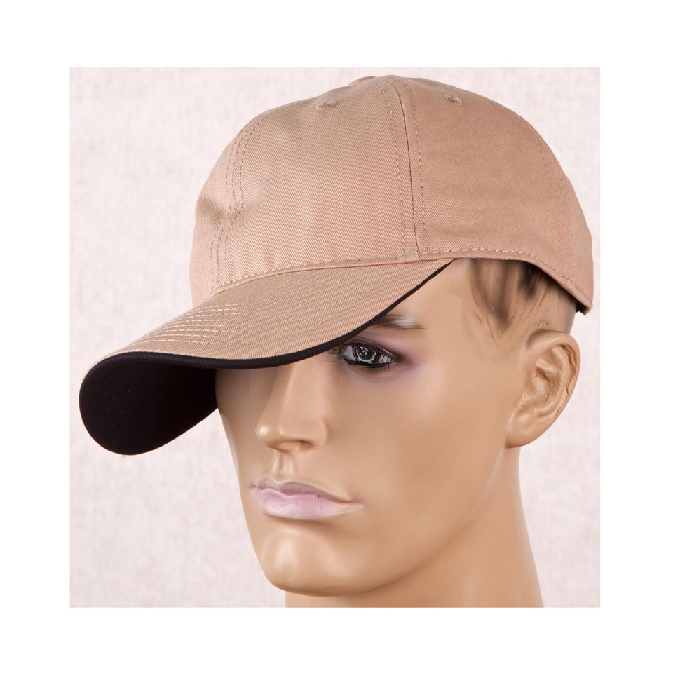 Khaki cap with contrasting black underpeak and curved brim featuring six-panel construction