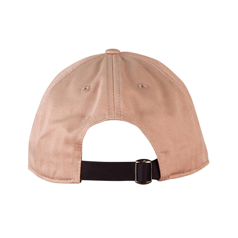Back view of a dusty pink six-panel cap with black contrast strap and metal buckle closure